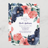ブルー&コーラル絵を描ブーケブライダルシャワー 招待状 (正面/裏面)