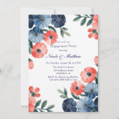 ブルー&コーラル絵を描ブーケ婚約パーティ 招待状 (正面)