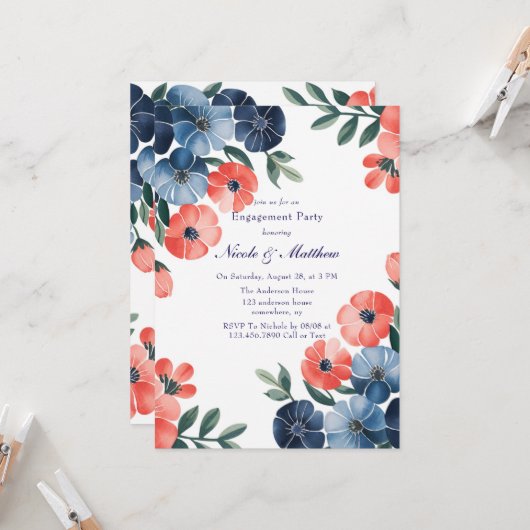 ブルー&コーラル絵を描ブーケ婚約パーティ 招待状 (正面/裏面インサイチュ)