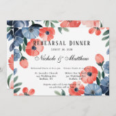 ブルー&コーラル絵を描花模様リハーサルディナー 招待状 (正面/裏面)