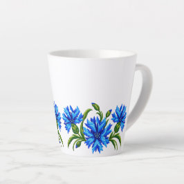 ブルー コーンフラワーの刺繍風デザイン カフェラテマグ