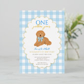 ブルー ゴールデンドゥードル パピー パーティー 1歳の誕生日 箔招待状 (立ち正面)
