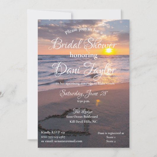 ブルー&ゴールデンビーチサンセットブライダルシャワー 招待状 (正面)