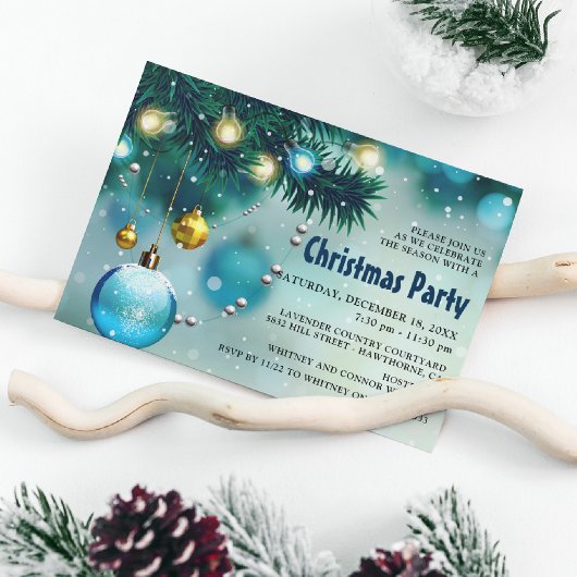 ブルー＆ゴールドのクリスマスパーティー 招待状