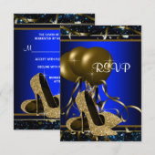 ブルー+ゴールドのハイヒールRSVP 出欠カード (正面/裏面)