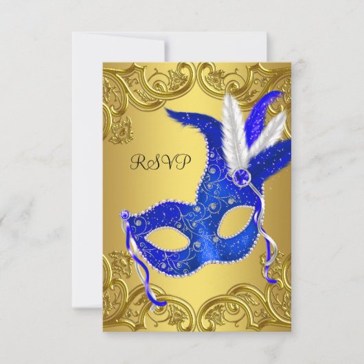 ブルー＆ゴールドの仮面舞踏会RSVP 出欠カード (正面)