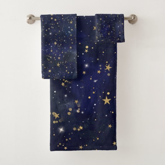 ブルー＆ゴールドの天体の星の幻想的な水彩画 バスタオルセット (インサイチュ)