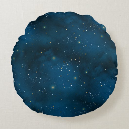 ブルー&ゴールドの星空 ラウンドクッション (正面)