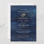 ブルー＆ゴールドの水彩星空の結婚式 招待状 (正面)