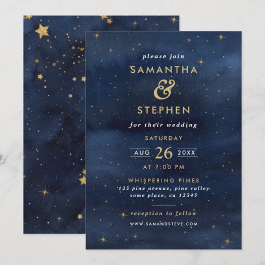 ブルー＆ゴールドの水彩星空の結婚式 招待状 (正面/裏面)