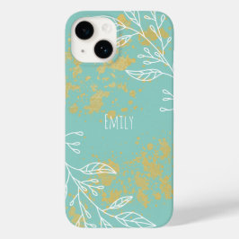 ブルー×ゴールドの箔押しモダンフラワー柄 オーダーメイド Case-Mate iPhone 14ケース