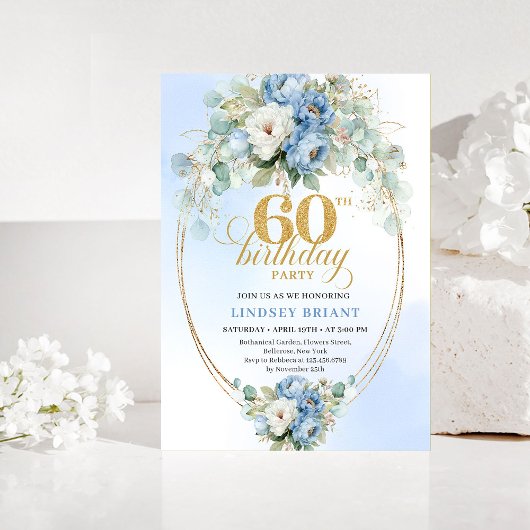 ブルー&ゴールドの芍薬の60歳の誕生日招待状 招待状