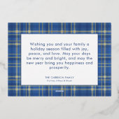 ブルー&ゴールドタータン柄のクリスマスの喜びの写真 箔シーズンカード (裏面)