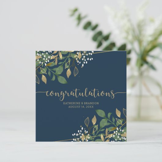 ブルー&ゴールドフォイルグリッター結婚のおめでとう写真 カード (スタンド正面)