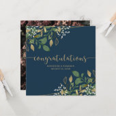 ブルー&ゴールドフォイルグリッター結婚のおめでとう写真 カード (正面/裏面インサイチュ)