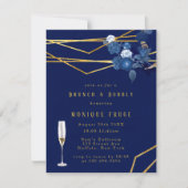 ブルー＆ゴールド幾何学的な花のブランチ＆バブル 招待状 (正面)