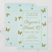 ブルー＆ゴールド グリッター バタフライ スイート16 パーティー 招待状 (正面/裏面)