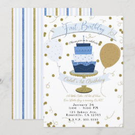 ブルー＆ゴールド シュガー スイート 1歳 ファースト バースデー ケーキ 招待状