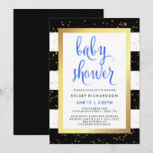 ブルー ゴールド ブラック＆ホワイト ストライプ ベビーシャワー 招待状 (正面/裏面)