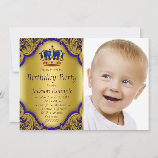 ブルー＆ゴールド プリンス 誕生日パーティー 招待状 (正面)