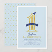 ブルー＆ゴールド | 男の子 1歳の誕生日パーティー 招待状 (正面/裏面)