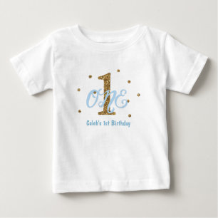 ブルー&ゴールド 男の子 ONE 1歳の誕生日パーティー オリジナル ベビーTシャツ