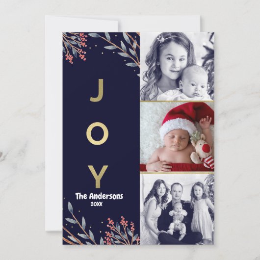 ブルー＆ゴールド JOY 3 3つの写真 ホリデー クリスマス (正面)