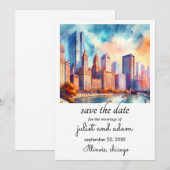 ブルー シカゴ ウェディング スカイライン セーブ ザ デート 招待状 (正面/裏面)