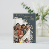 ブルー&シック金ゴールドハッピーホリデーズフォト シーズンポストカード (スタンド正面)