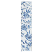 ブルー・シノワズリの水彩花・植物画 ショートテーブルランナー (正面)