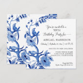 ブルー シノワズリー アジアン チャイナ フラワール バースデー パーティー 招待状 (正面/裏面)