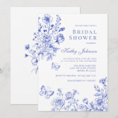 ブルー シノワズリー フラワーブライダルシャワー 招待状 (正面/裏面)