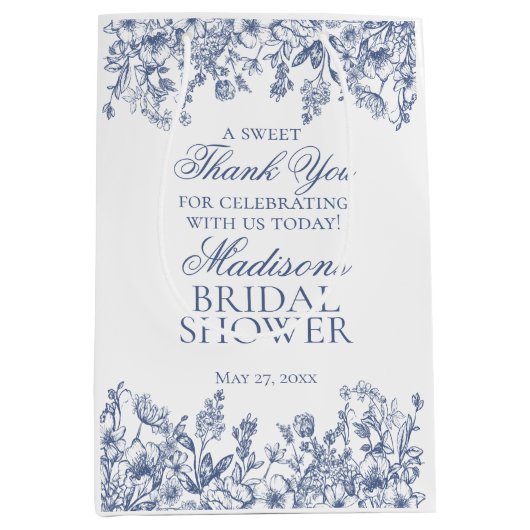 ブルー シノワズリー ヴィンテージ フラワーブライダルシャワー ミディアムペーパーバッグ (正面)