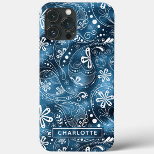ブルー シャイマー モダン ガーリー ペイズリー オリジナル iPhone 13 PRO MAXケース