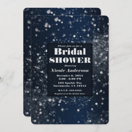 ブルー&シルバーきらめくライツグラムブライダルシャワー 招待状 (正面/裏面)