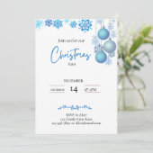 ブルー＆シルバーの垂れ下がる飾り雪の結晶 クリスマス 招待状 (スタンド正面)