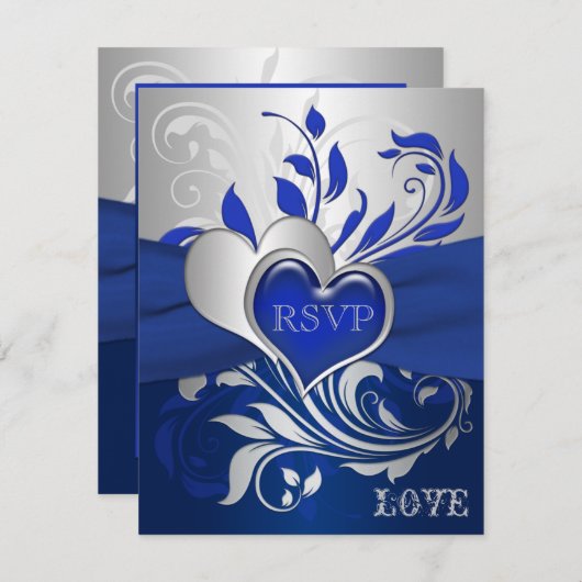 ブルー、シルバーの巻き物、ハートのRSVPカード 出欠カード (正面/裏面)