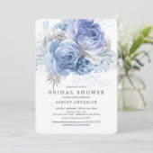 ブルー&シルバーの花のデザインの結婚前お披露目パーティー 招待状 (スタンド正面)