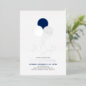 ブルー&シルバーの風船ワンボーイ誕生日パーティー 箔招待状 (立ち正面)