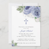 ブルー&シルバーウォーターカラーフローラ宗教洗礼 招待状 (正面)