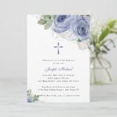 ブルー&シルバーウォーターカラーフローラ宗教洗礼 招待状 (スタンド正面)