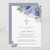 ブルー&シルバーウォーターカラーフローラ宗教洗礼 招待状 (正面/裏面)