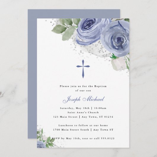 ブルー&シルバーウォーターカラーフローラ宗教洗礼 招待状 (正面/裏面)
