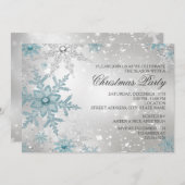 ブルー&シルバークリスタルスノーフレーククリスマスパーティー 招待状 (正面/裏面)
