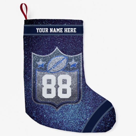 ブルー&シルバーグリッタースクールサッカーチームスポーツ スモールクリスマスストッキング (正面)