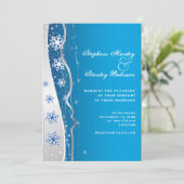 ブルー、シルバーグレーのスノーフレーク冬の結婚式 招待状 (スタンド正面)