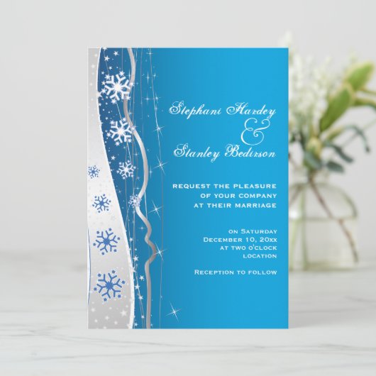 ブルー、シルバーグレーのスノーフレーク冬の結婚式 招待状 (スタンド正面)