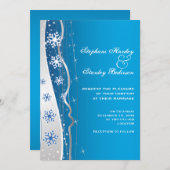 ブルー、シルバーグレーのスノーフレーク冬の結婚式 招待状 (正面/裏面)