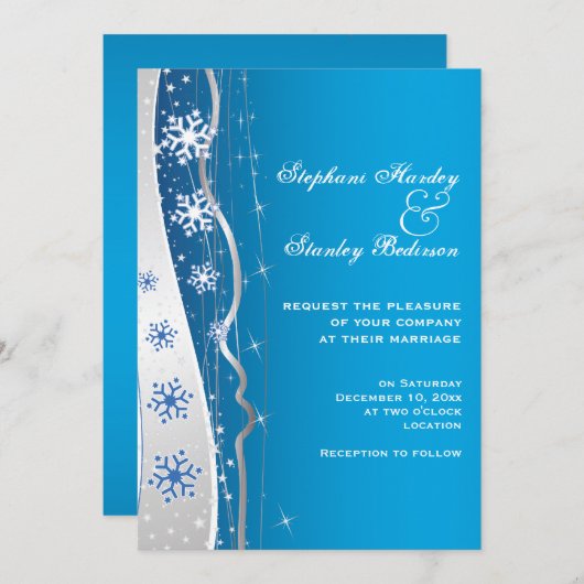 ブルー、シルバーグレーのスノーフレーク冬の結婚式 招待状 (正面/裏面)