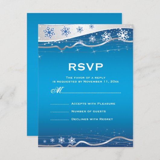 ブルー、シルバーグレーのスノーフレーク冬の結婚式RSVP 出欠カード (正面/裏面)